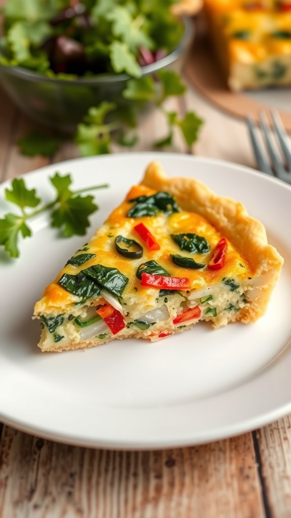 A slice of crustless vegetable quiche with spinach and bell peppers on a plate, accompanied by a salad.